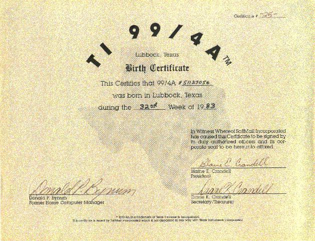TI 99/4A Birth Certificate
